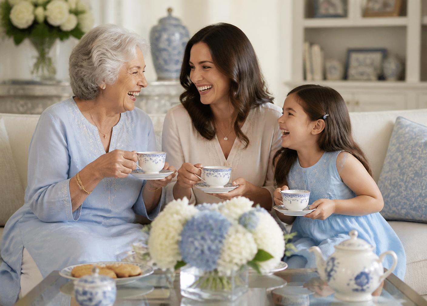 Three generations sharing tea in a bright living room