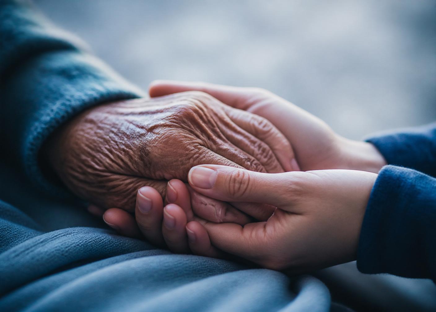 An older hand held gently by a younger caring hand