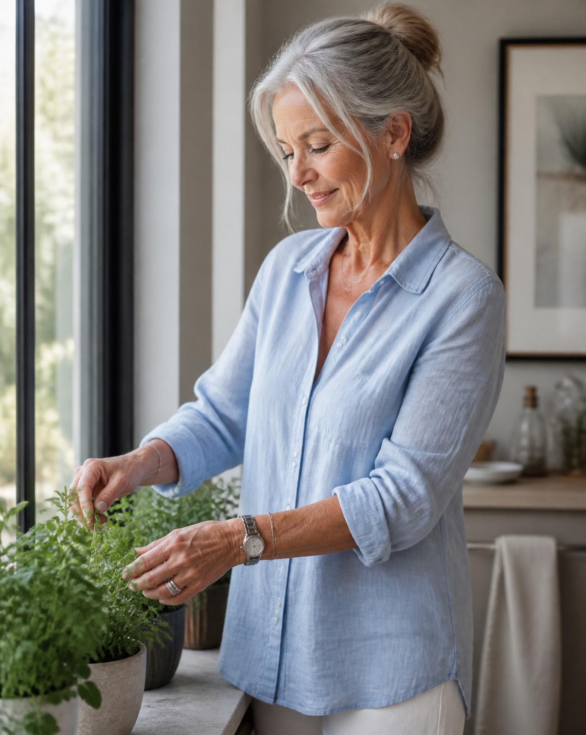 Older woman tending to plants by a bright window